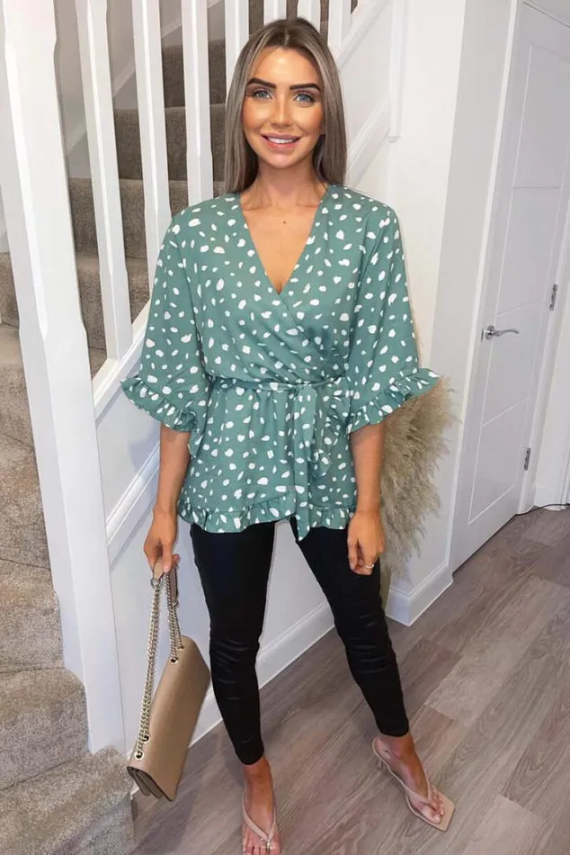 AX Paris Green Printed Frill Sleeve Wrap Top Tops