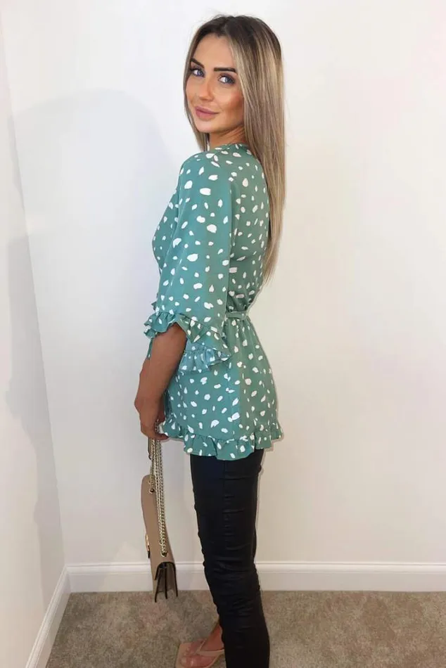AX Paris Green Printed Frill Sleeve Wrap Top Tops