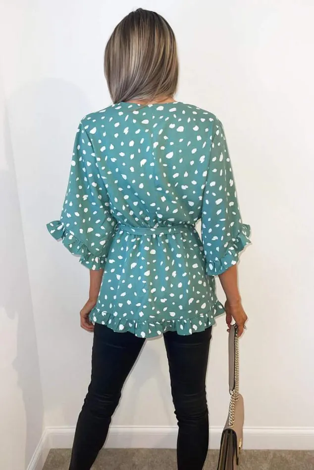 AX Paris Green Printed Frill Sleeve Wrap Top Tops