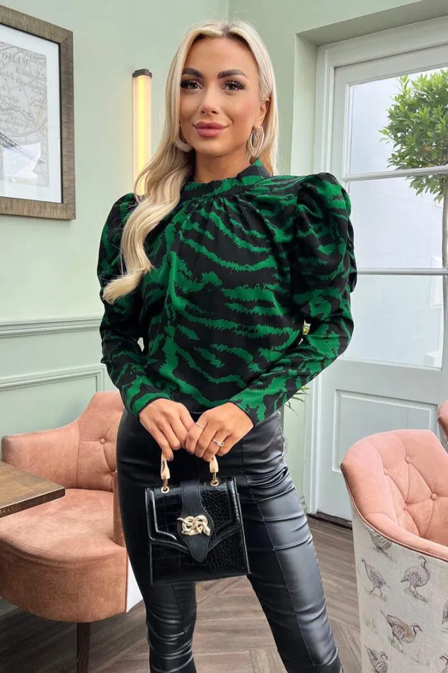 AX Paris Green Printed High Neck Long Puff Sleeve Top Tops