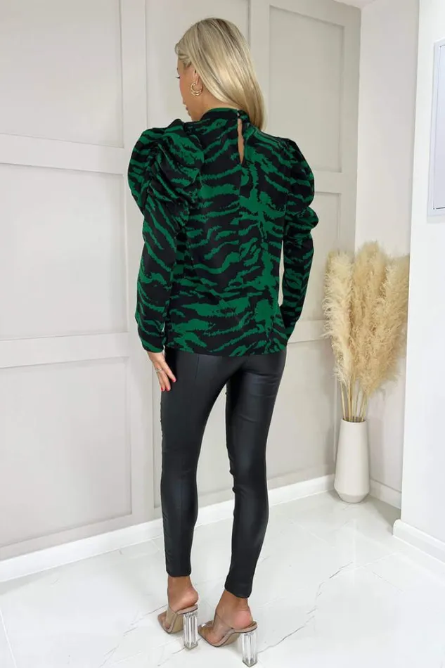 AX Paris Green Printed High Neck Long Puff Sleeve Top Tops