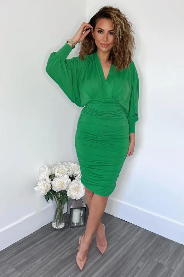 AX Paris Green Ruched Bat Wing Sleeve Midi Dress Dresses