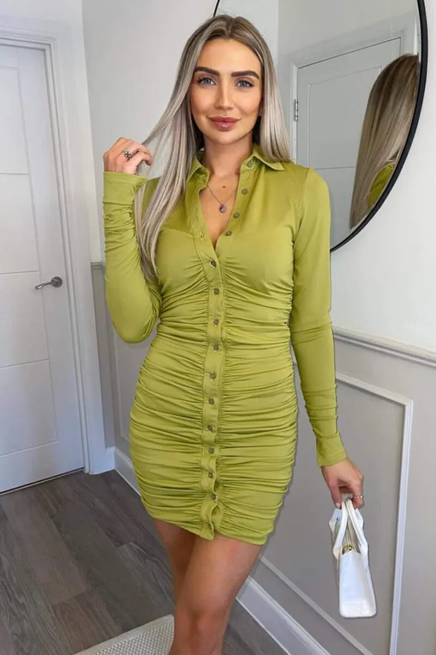 AX Paris Lime Ruched Button Front Bodycon Dress Dresses