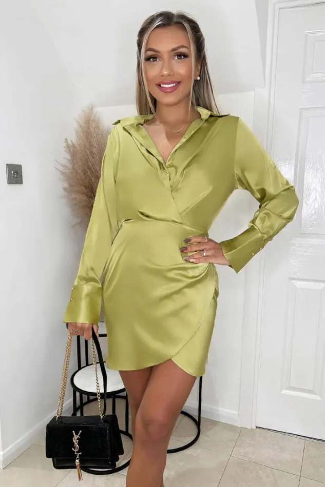 AX Paris Lime Satin Wrap Shirt Dress Dresses