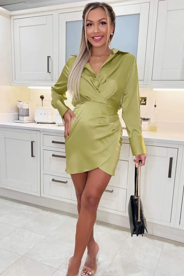 AX Paris Lime Satin Wrap Shirt Dress Dresses