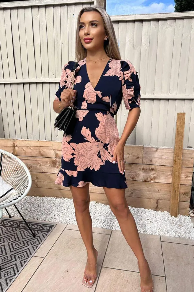 AX Paris Navy And Blush Floral Pleated Sleeve Skater Dress Dresses