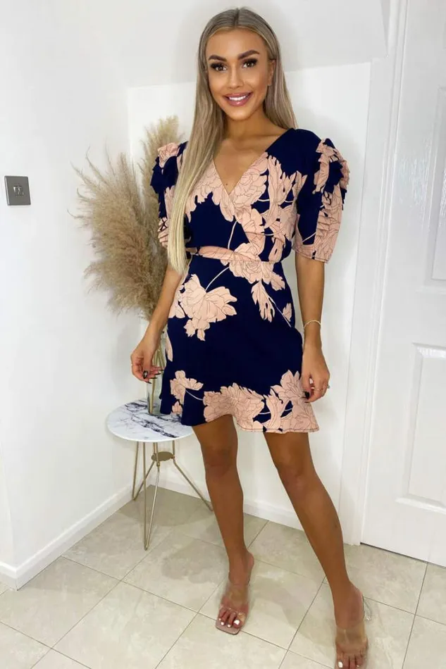 AX Paris Navy And Blush Floral Pleated Sleeve Skater Dress Dresses