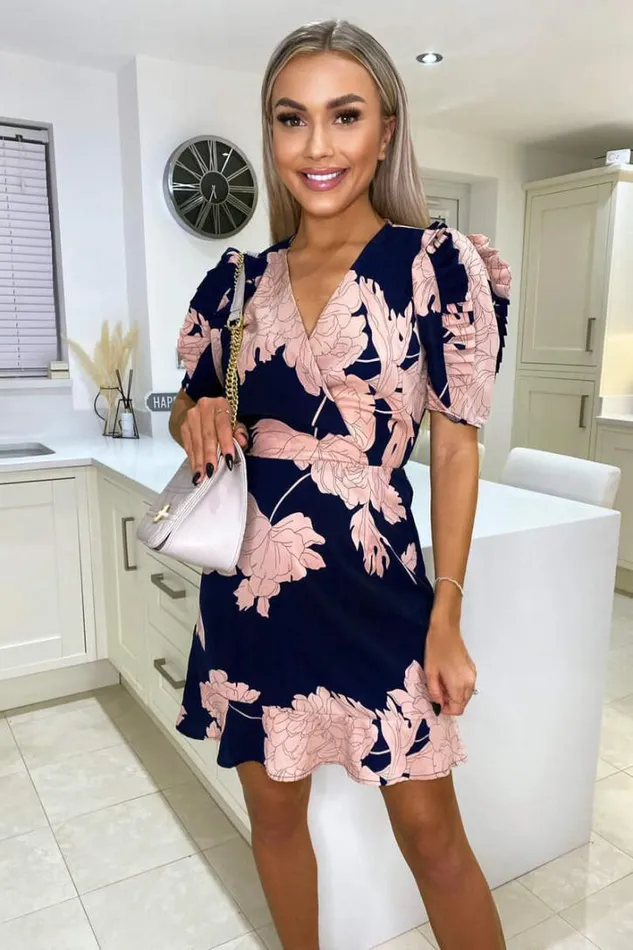 AX Paris Navy And Blush Floral Pleated Sleeve Skater Dress Dresses