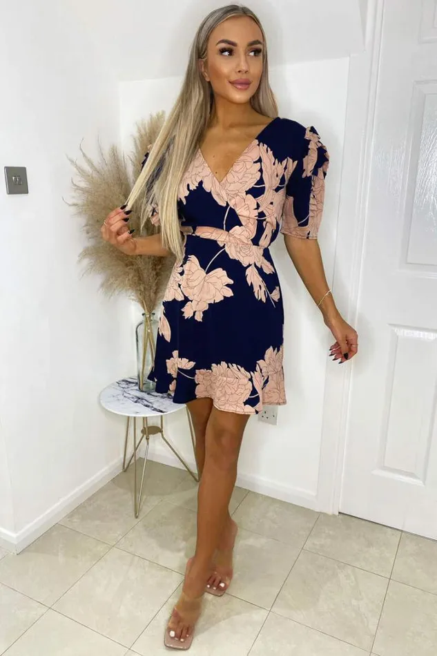 AX Paris Navy And Blush Floral Pleated Sleeve Skater Dress Dresses