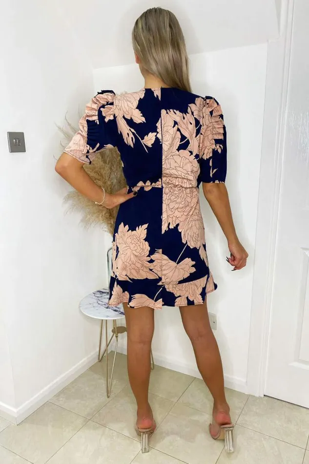 AX Paris Navy And Blush Floral Pleated Sleeve Skater Dress Dresses