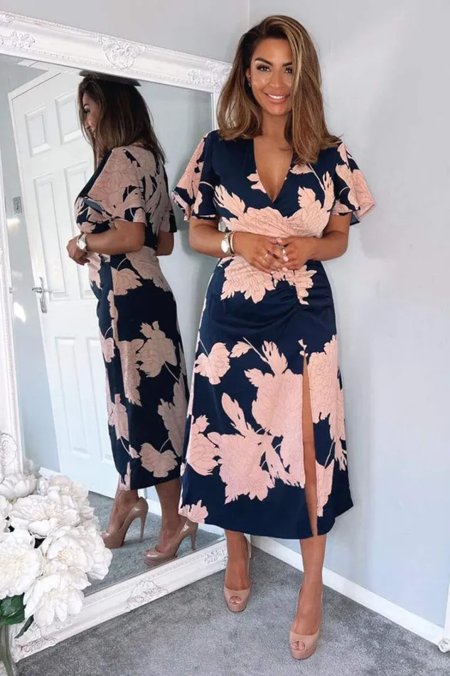 AX Paris Navy And Blush Floral Print Bell Sleeve Midi Dress Dresses