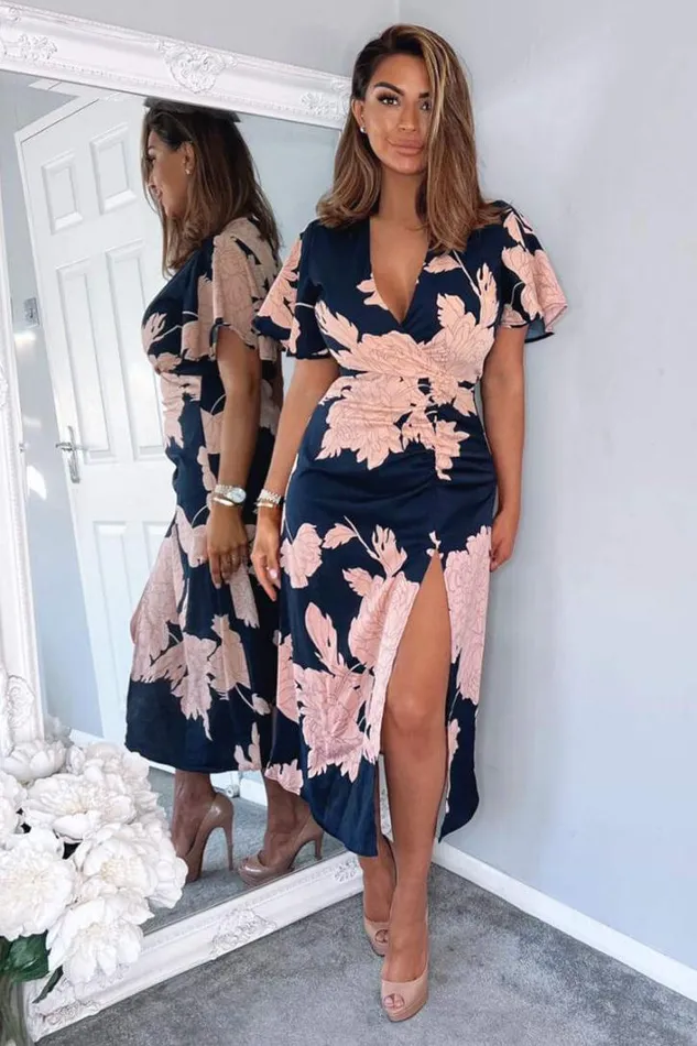 AX Paris Navy And Blush Floral Print Bell Sleeve Midi Dress Dresses