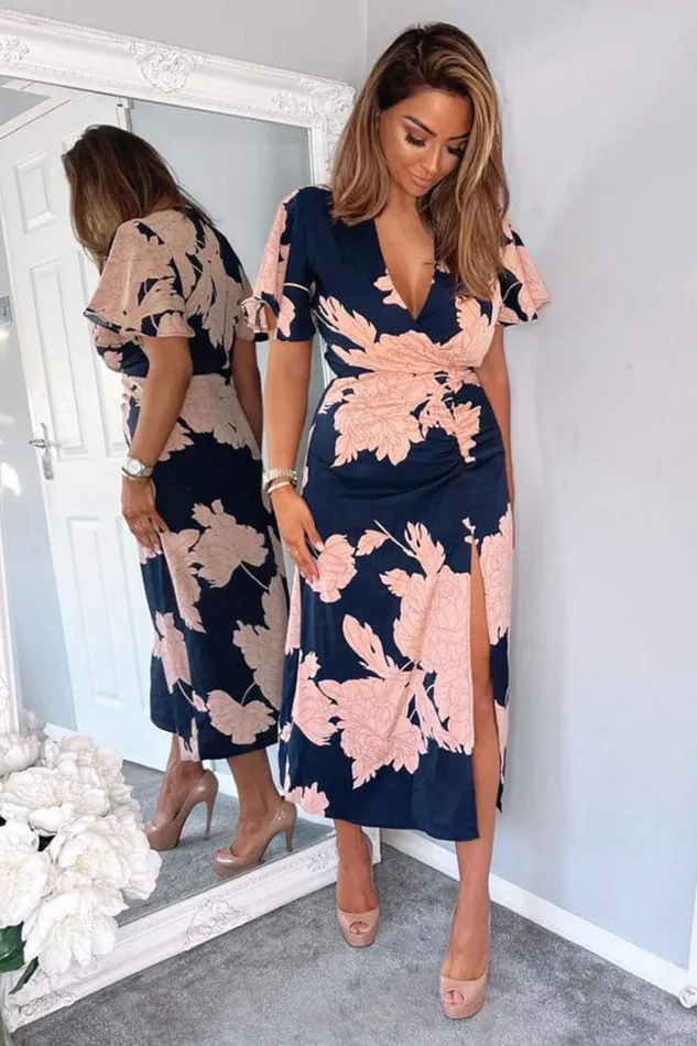 AX Paris Navy And Blush Floral Print Bell Sleeve Midi Dress Dresses