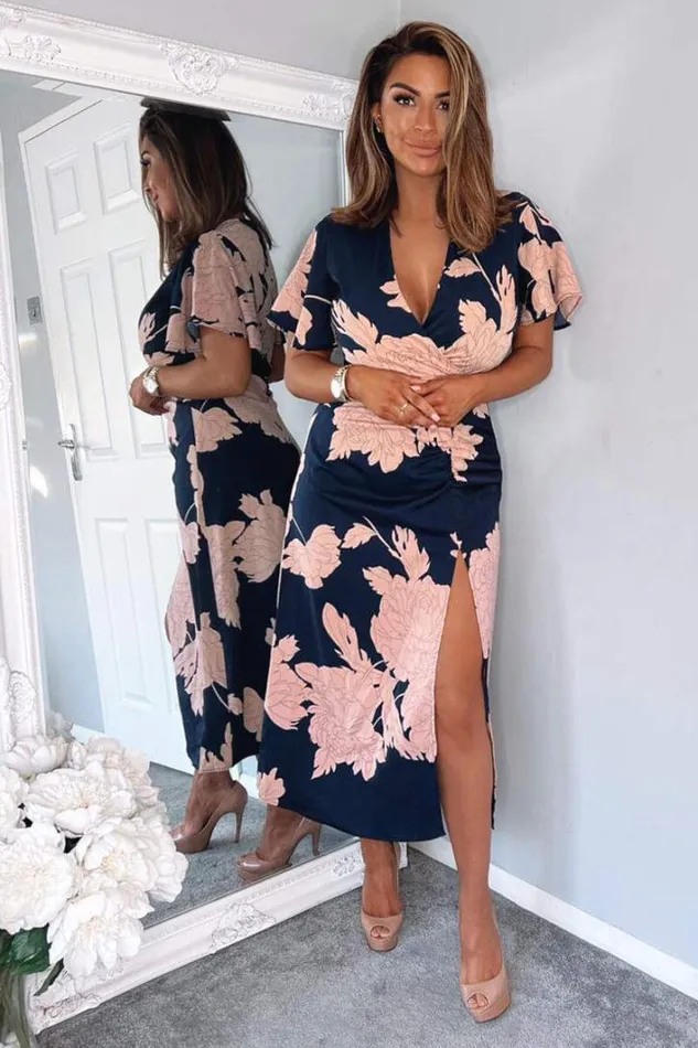 AX Paris Navy And Blush Floral Print Bell Sleeve Midi Dress Dresses