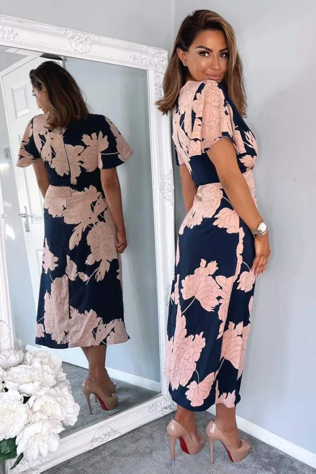 AX Paris Navy And Blush Floral Print Bell Sleeve Midi Dress Dresses