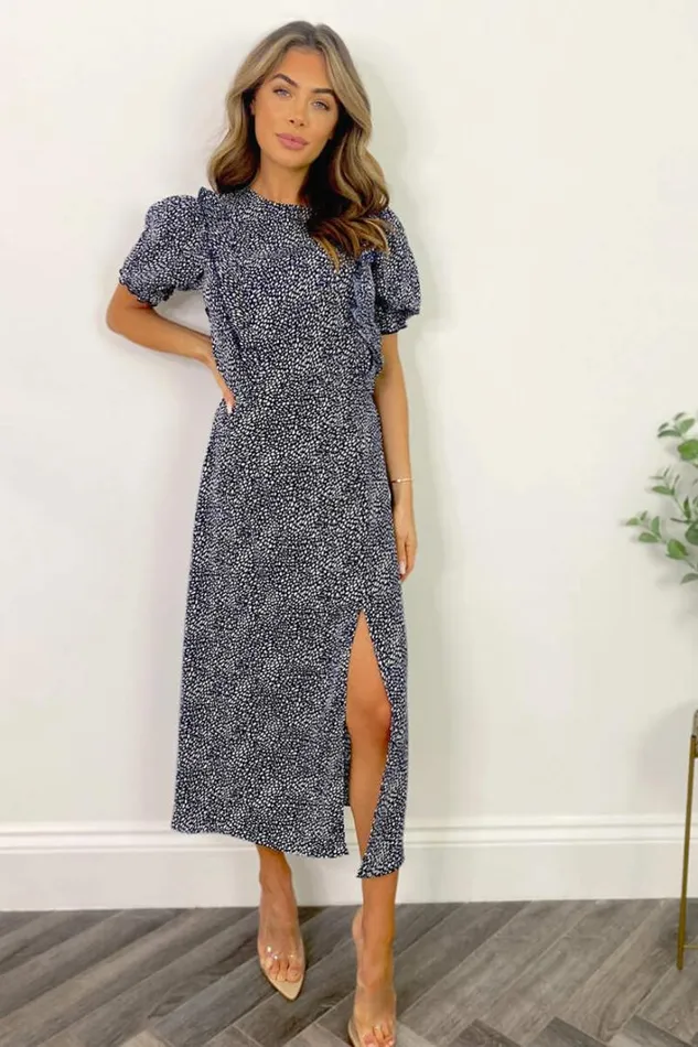 AX Paris Navy And White Printed Ruffle Front Midi Dress Dresses