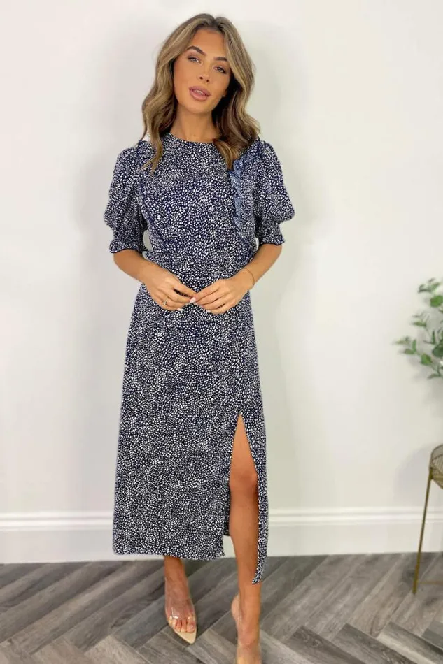 AX Paris Navy And White Printed Ruffle Front Midi Dress Dresses