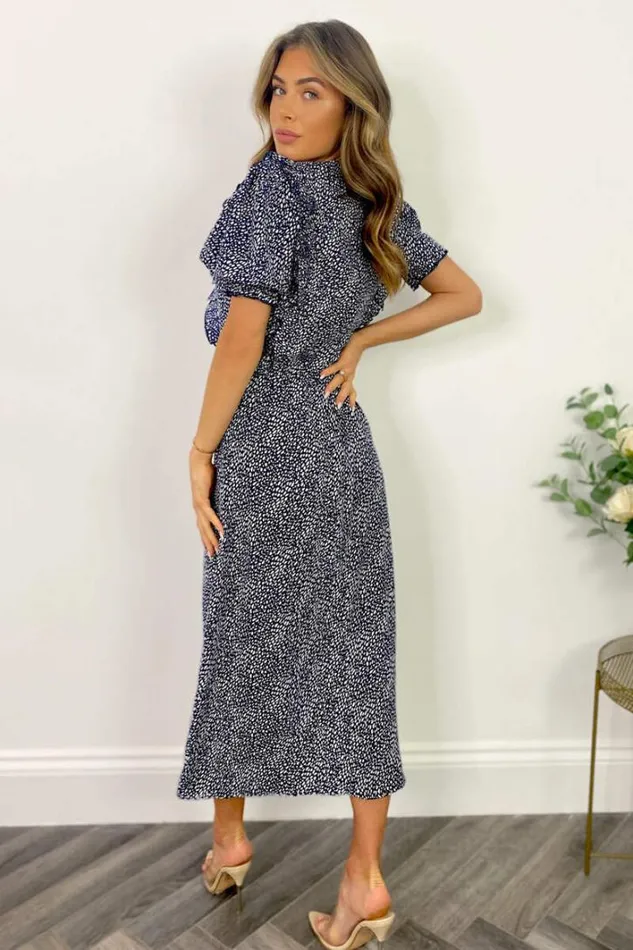 AX Paris Navy And White Printed Ruffle Front Midi Dress Dresses
