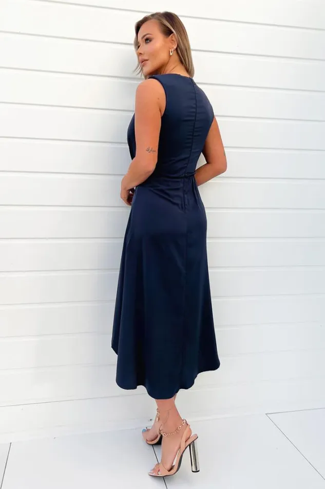 AX Paris Navy Gathered Midi Dress With Shoulder Pads Dresses