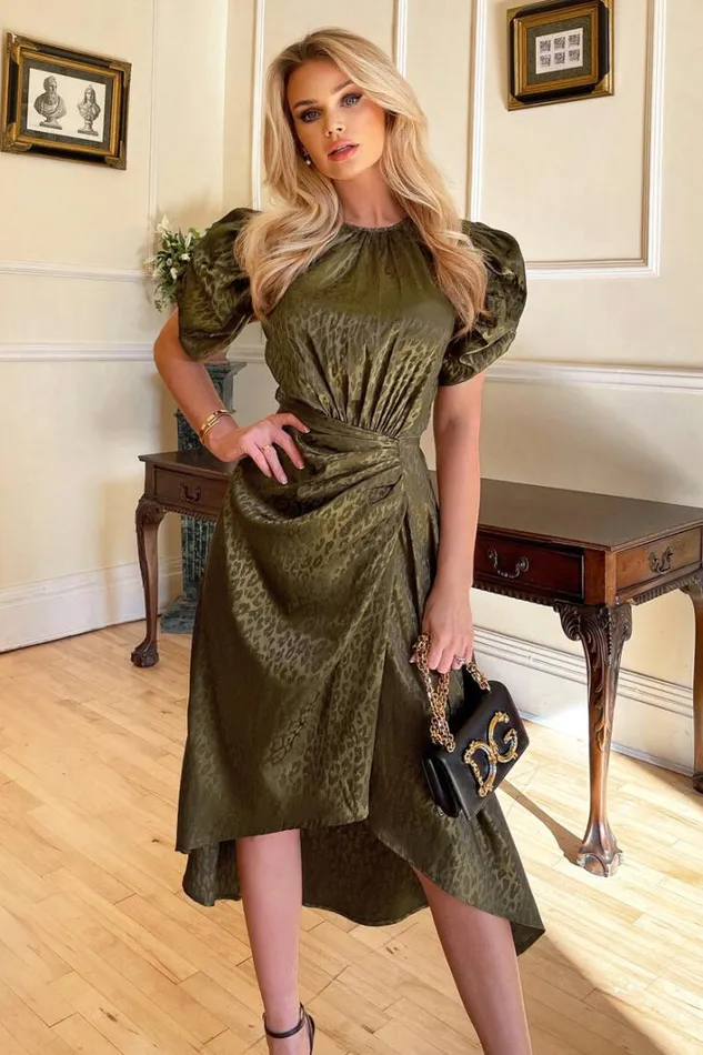AX Paris Olive Animal Print Puff Sleeve Satin Midi Dress Dresses