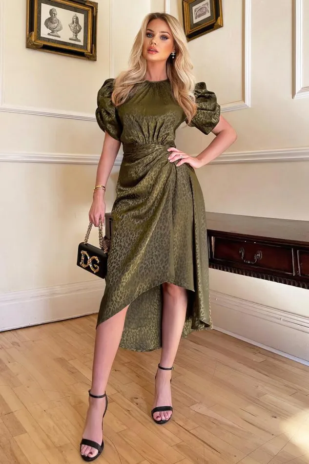 AX Paris Olive Animal Print Puff Sleeve Satin Midi Dress Dresses