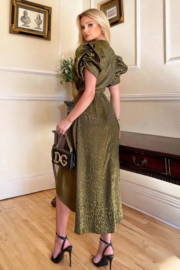 AX Paris Olive Animal Print Puff Sleeve Satin Midi Dress Dresses