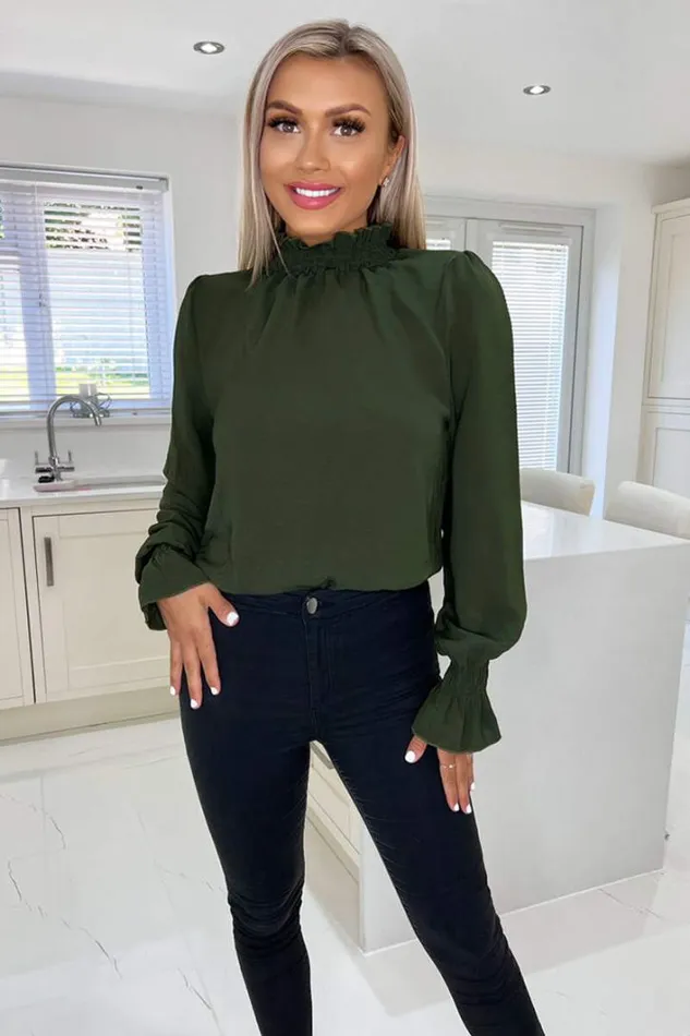 AX Paris Olive Elasticated Cuff And Neck Long Sleeve Top Tops
