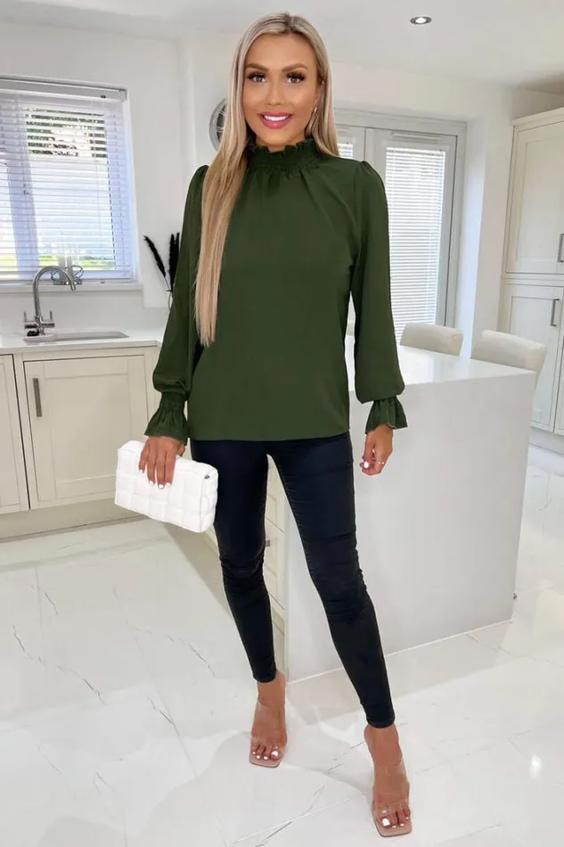 AX Paris Olive Elasticated Cuff And Neck Long Sleeve Top Tops