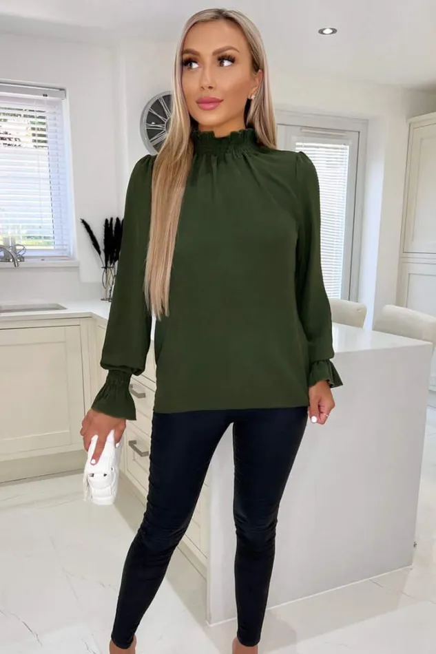 AX Paris Olive Elasticated Cuff And Neck Long Sleeve Top Tops