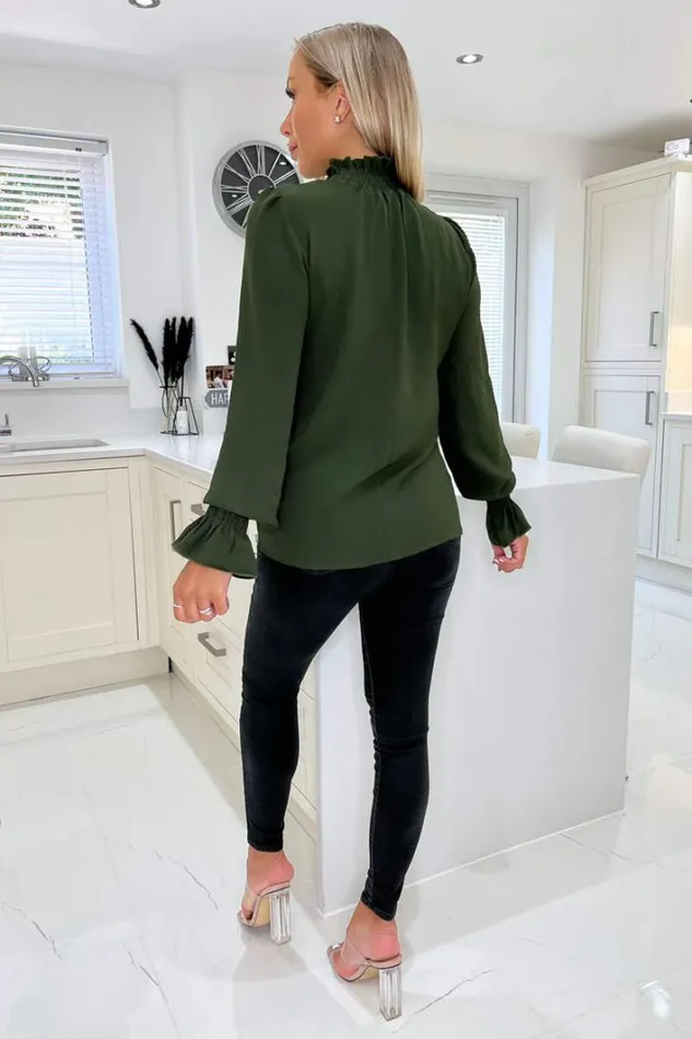 AX Paris Olive Elasticated Cuff And Neck Long Sleeve Top Tops