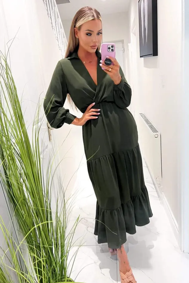 AX Paris Olive Long Sleeve Wrap Top Smock Midi Dress Dresses