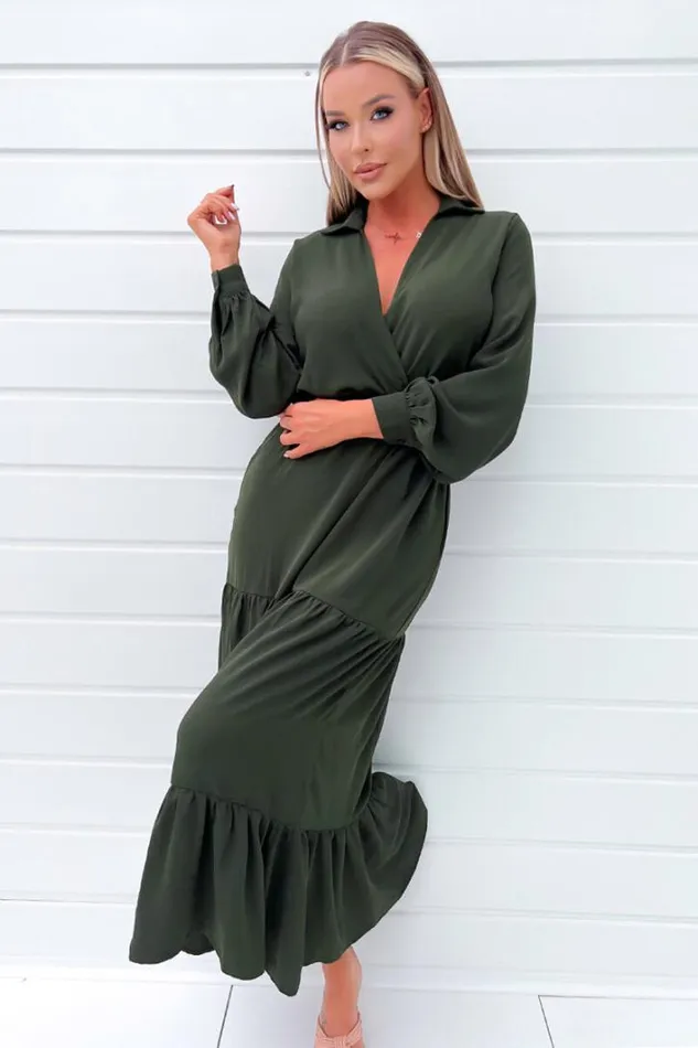 AX Paris Olive Long Sleeve Wrap Top Smock Midi Dress Dresses