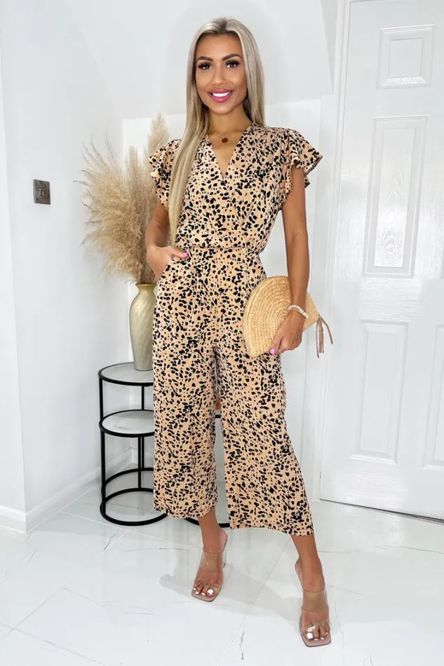 AX Paris Peach And Black Printed V Neck Frill Sleeve Jumpsuit Jumpsuits And Playsuits