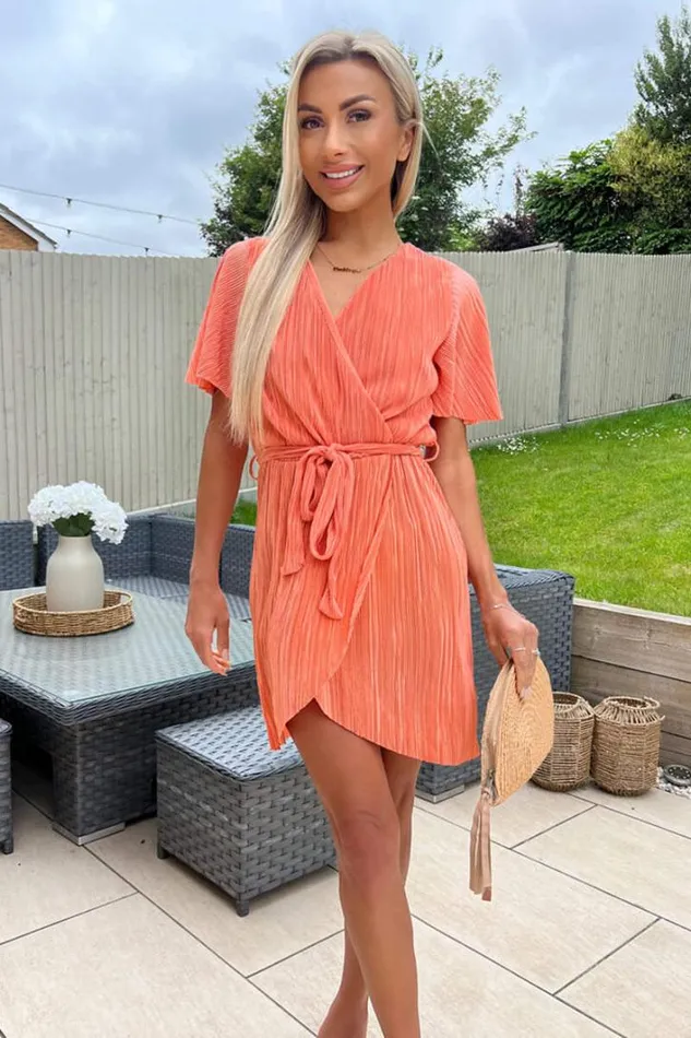 AX Paris Peach Wrap Top Belted Short Sleeve Plisse Mini Dress Dresses
