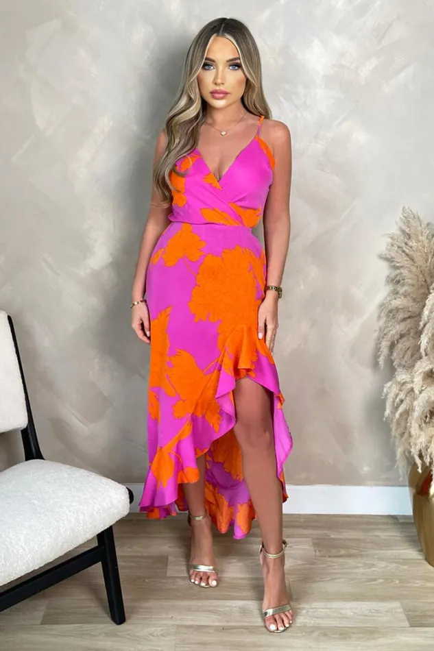 AX Paris Pink And Orange Floral Printed Wrap Over Strappy Midi Dress Dresses