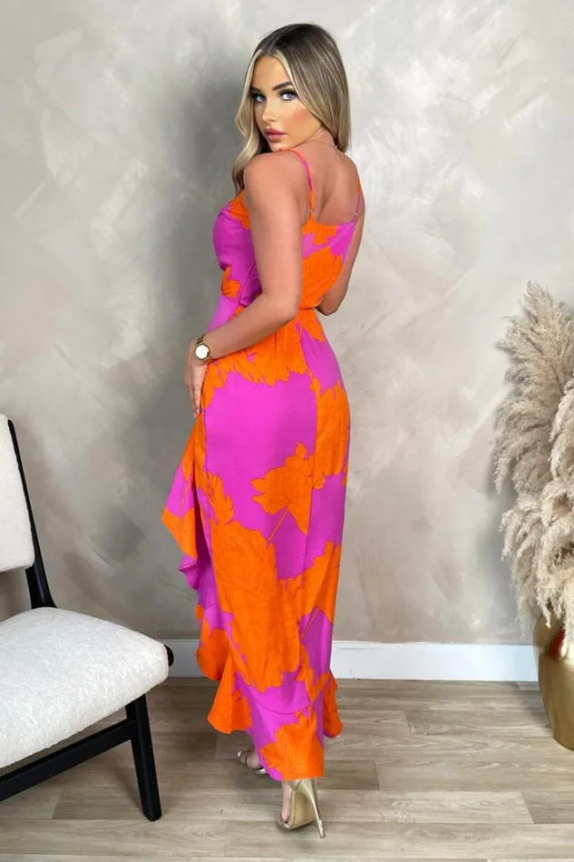 AX Paris Pink And Orange Floral Printed Wrap Over Strappy Midi Dress Dresses