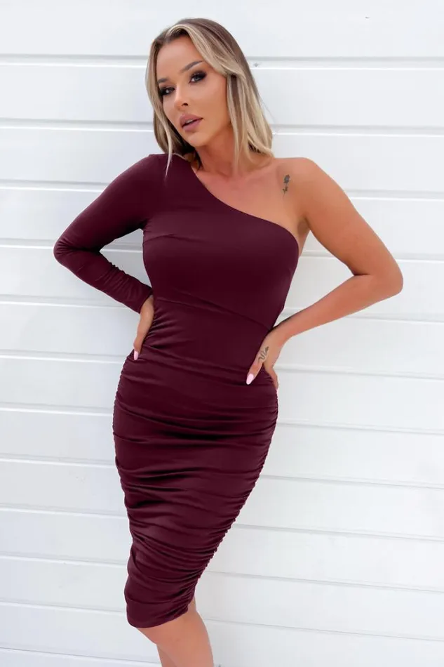 AX Paris Plum One Sleeve Ruched Bodycon Midi Dress Dresses