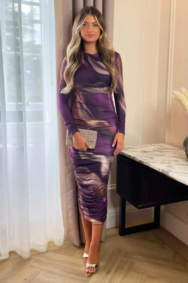 AX Paris Plum Printed Long Sleeve Ruched Bodycon Midi Dress Dresses