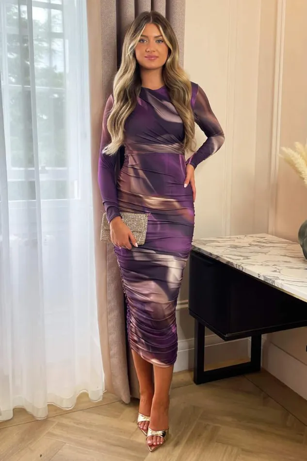 AX Paris Plum Printed Long Sleeve Ruched Bodycon Midi Dress Dresses