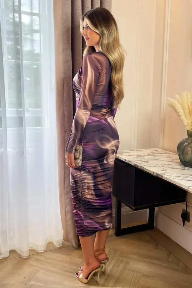 AX Paris Plum Printed Long Sleeve Ruched Bodycon Midi Dress Dresses