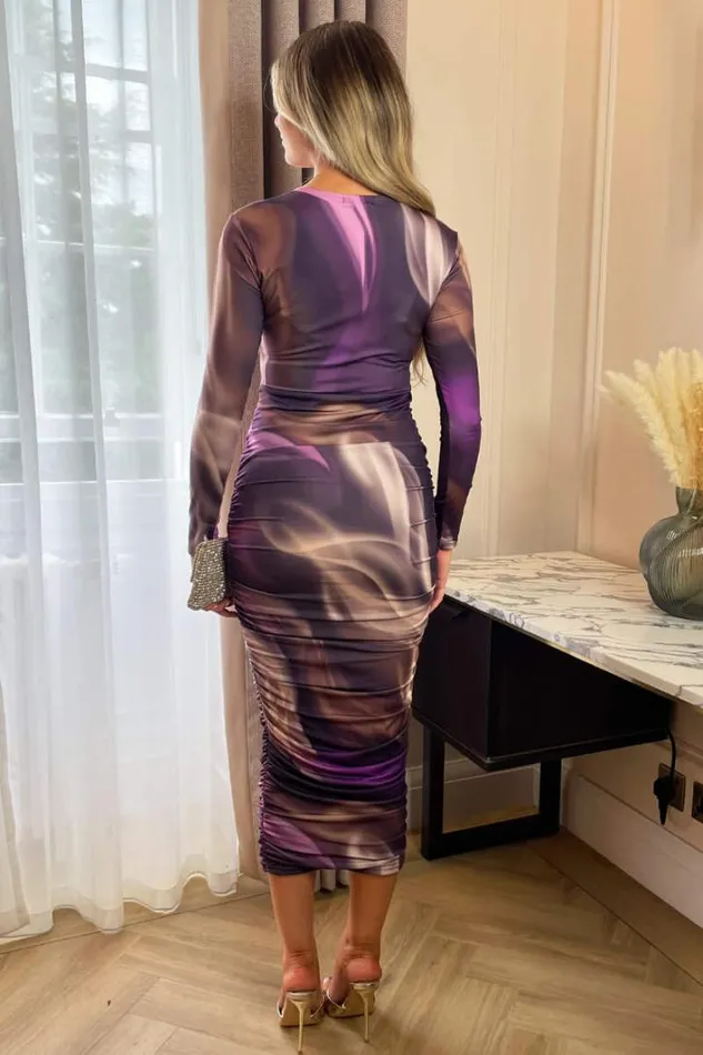 AX Paris Plum Printed Long Sleeve Ruched Bodycon Midi Dress Dresses