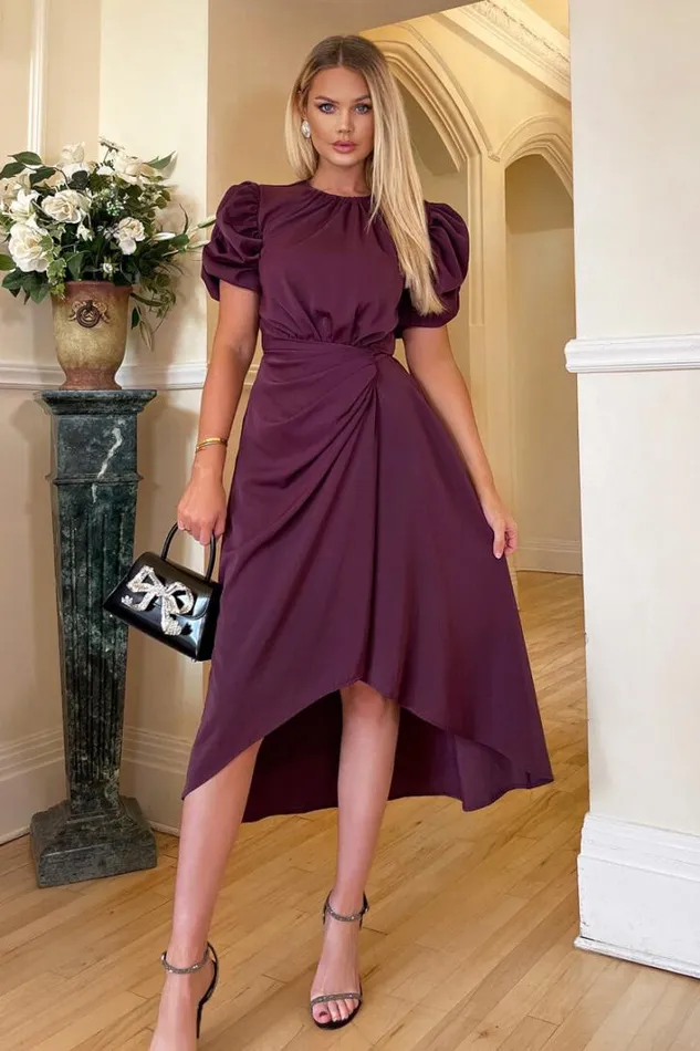 AX Paris Plum Short Puff Sleeve Gathered Side Midi Dress Dresses