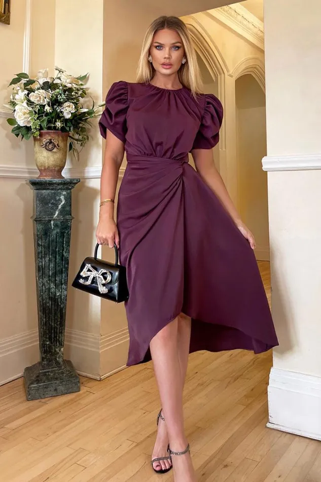 AX Paris Plum Short Puff Sleeve Gathered Side Midi Dress Dresses