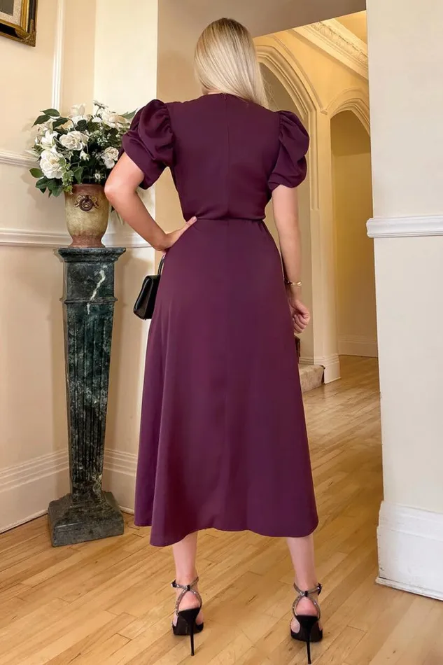 AX Paris Plum Short Puff Sleeve Gathered Side Midi Dress Dresses