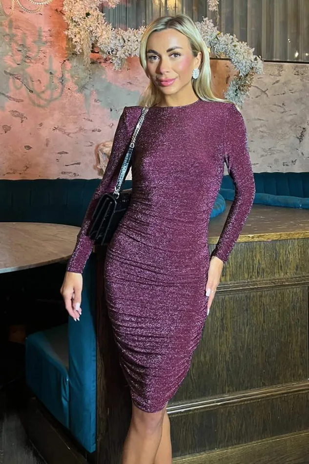 AX Paris Plum Sparkly Long Sleeve Ruched Midi Bodycon Dress Dresses