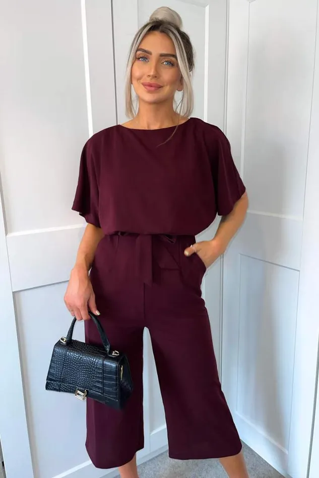 AX Paris Plum Tie Waist Short Sleeve Culotte Jumpsuit Jumpsuits And Playsuits