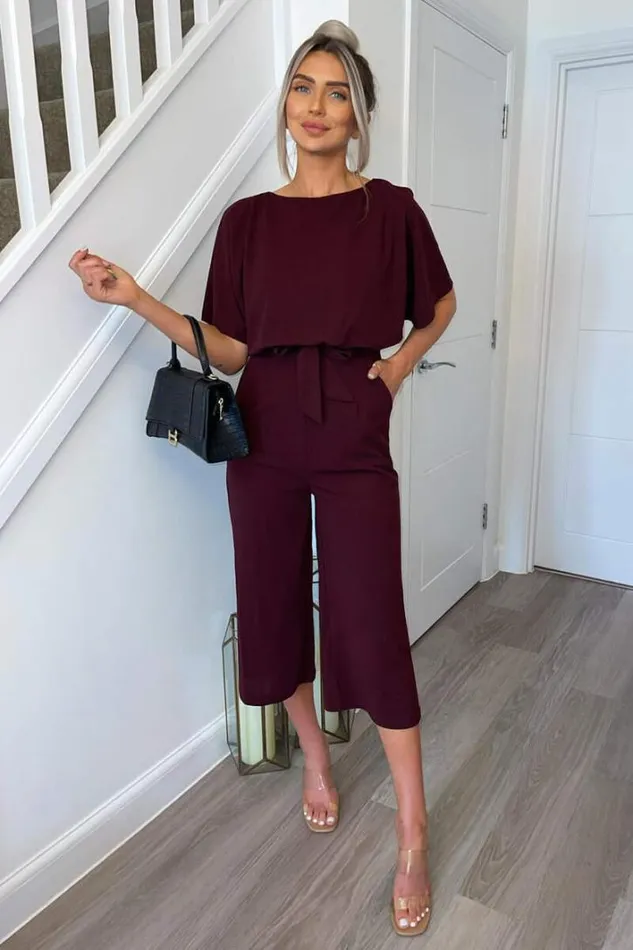 AX Paris Plum Tie Waist Short Sleeve Culotte Jumpsuit Jumpsuits And Playsuits
