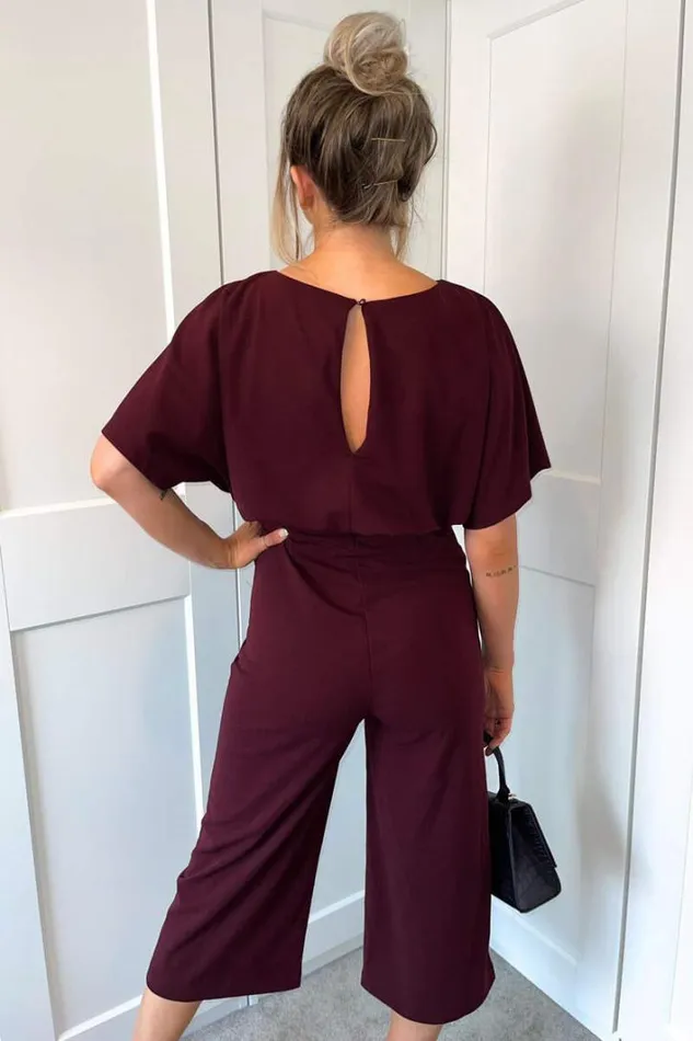 AX Paris Plum Tie Waist Short Sleeve Culotte Jumpsuit Jumpsuits And Playsuits