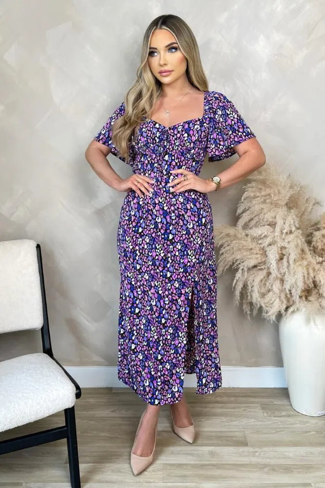 AX Paris Purple Animal Print Short Sleeve Tie Front Midi Dress Dresses