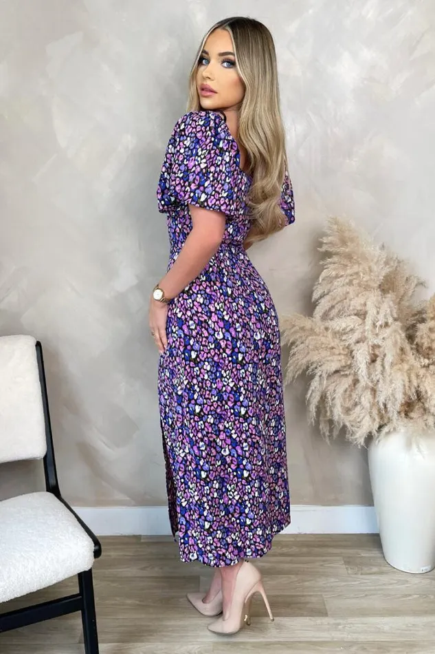 AX Paris Purple Animal Print Short Sleeve Tie Front Midi Dress Dresses